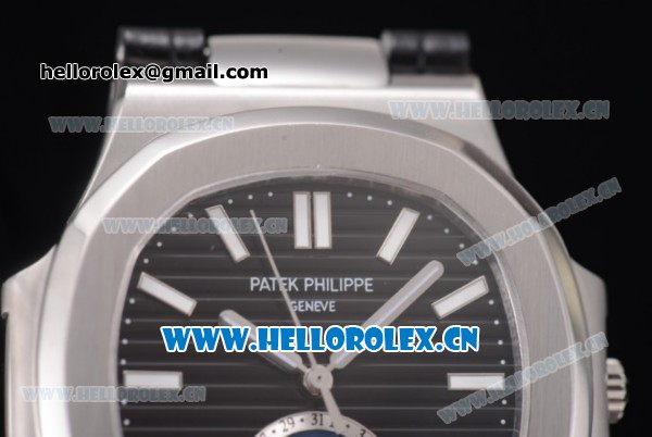 Patek Philippe Nautilus Miyota 9015 Automatic Steel Case with Black Dial Stick Markers and Black Leather Strap - Click Image to Close